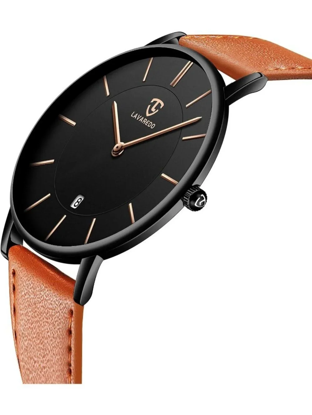 Men's Orange Black Leather Strap Analog Minimalist Fashion Simple Wrist Watch